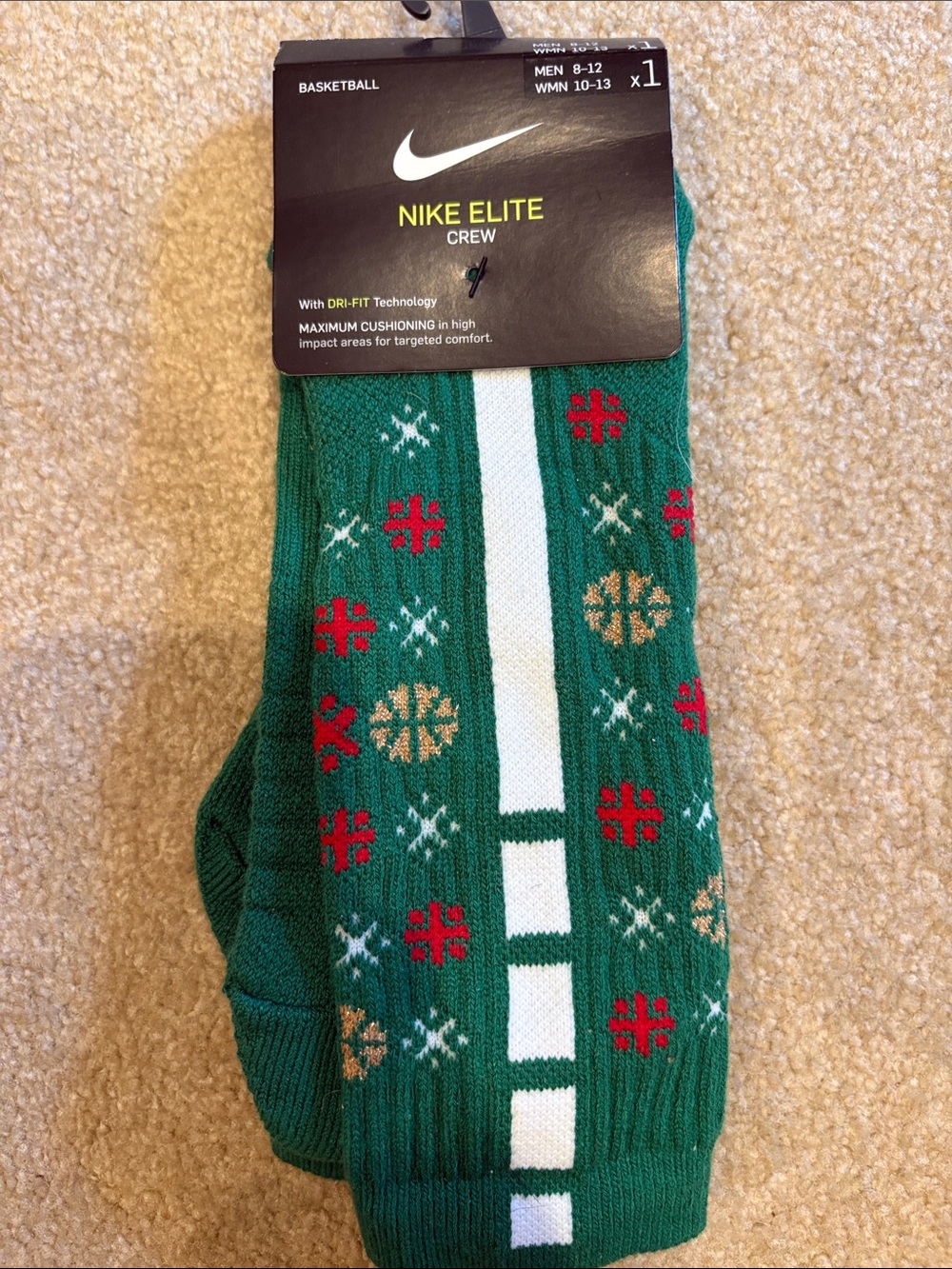 Nike Elite Green Red Holiday Basketball Crew Socks with Gold Accents